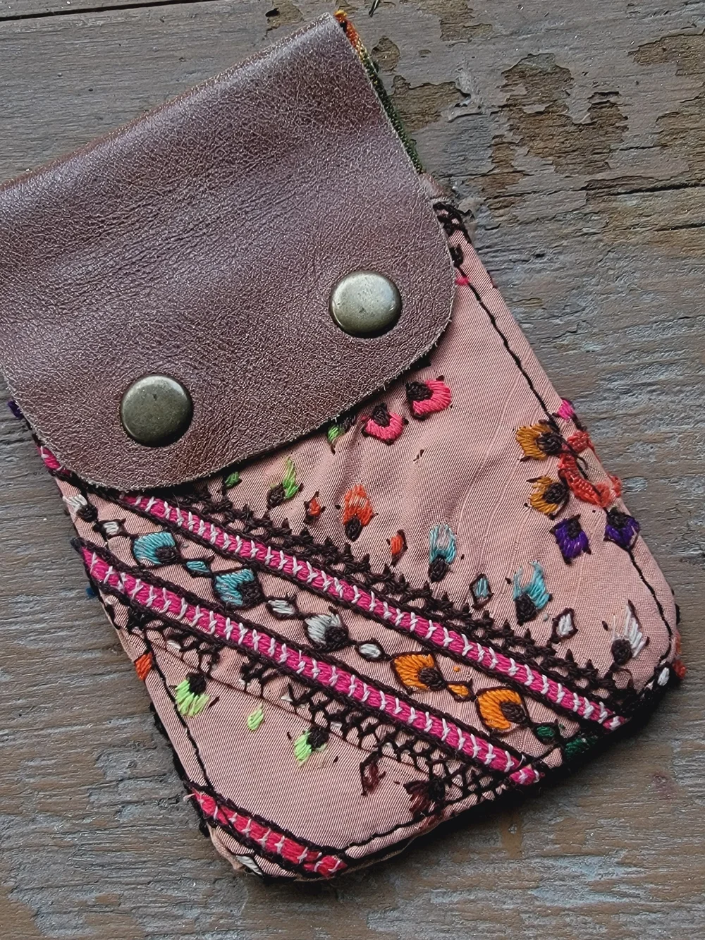 Free People embroidered banjara boho repurposed vtg leather wallet card case